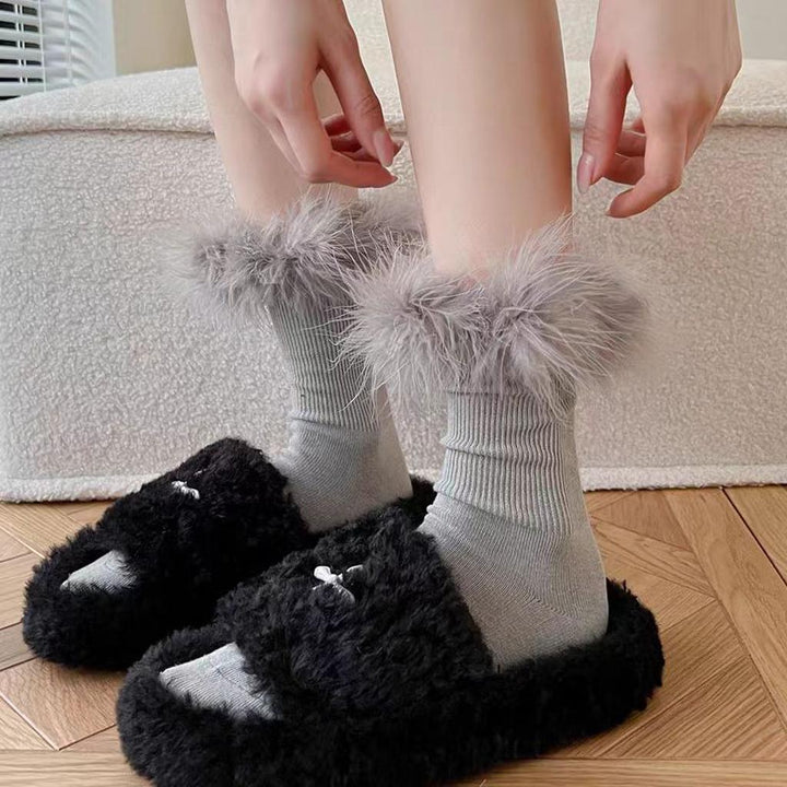 Faux Fur Crew Socks - Camel