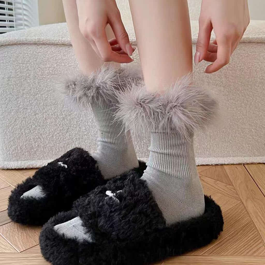 Faux Fur Crew Socks - Grey