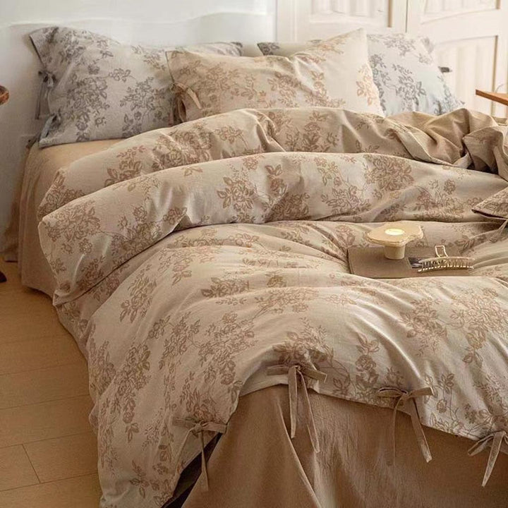 Floral Jacquard Bedding Set with Bow Tie - Khaki