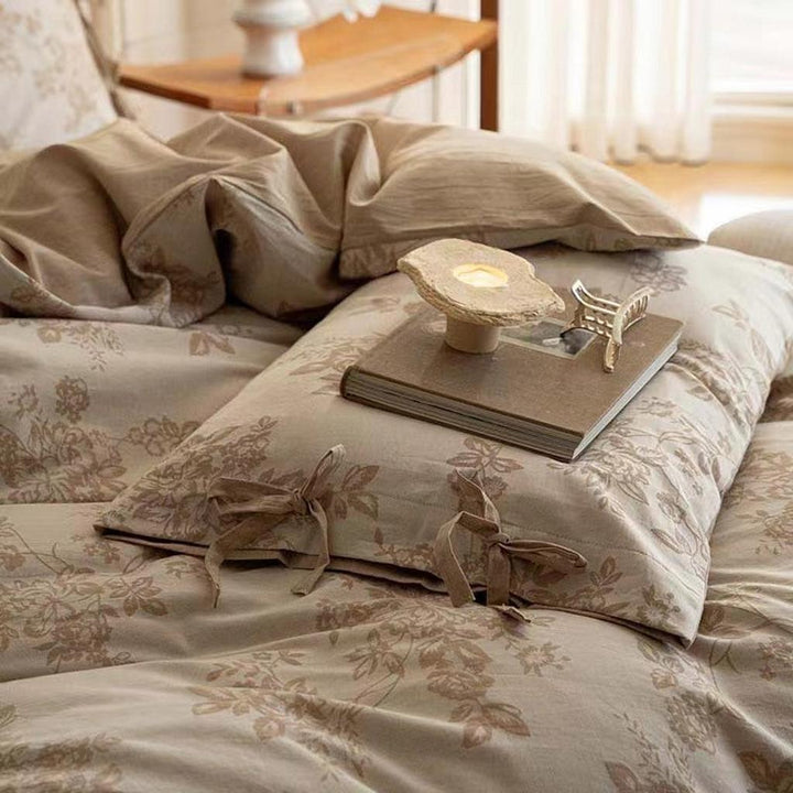 Floral Jacquard Bedding Set with Bow Tie - Khaki