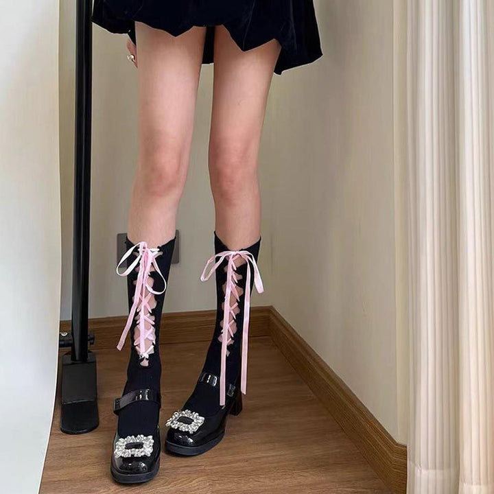 Pink Lace-up Calf Socks