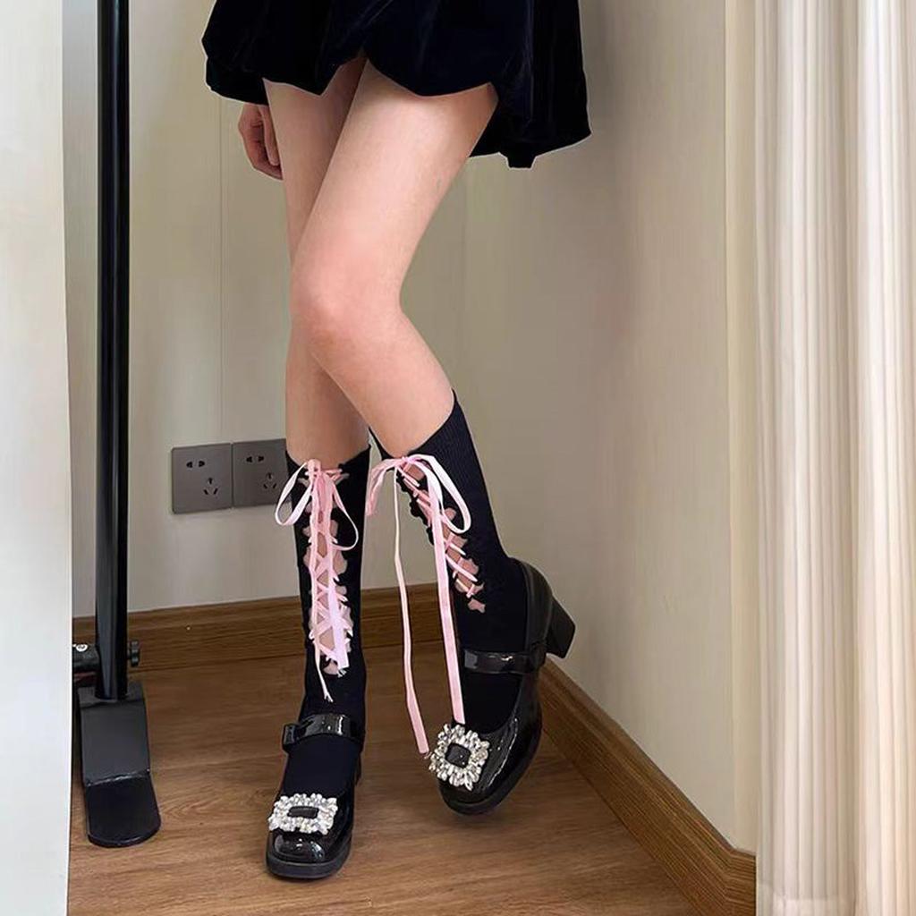 Pink Lace-up Calf Socks