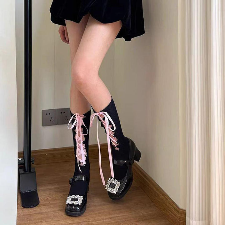 Pink Lace-up Calf Socks