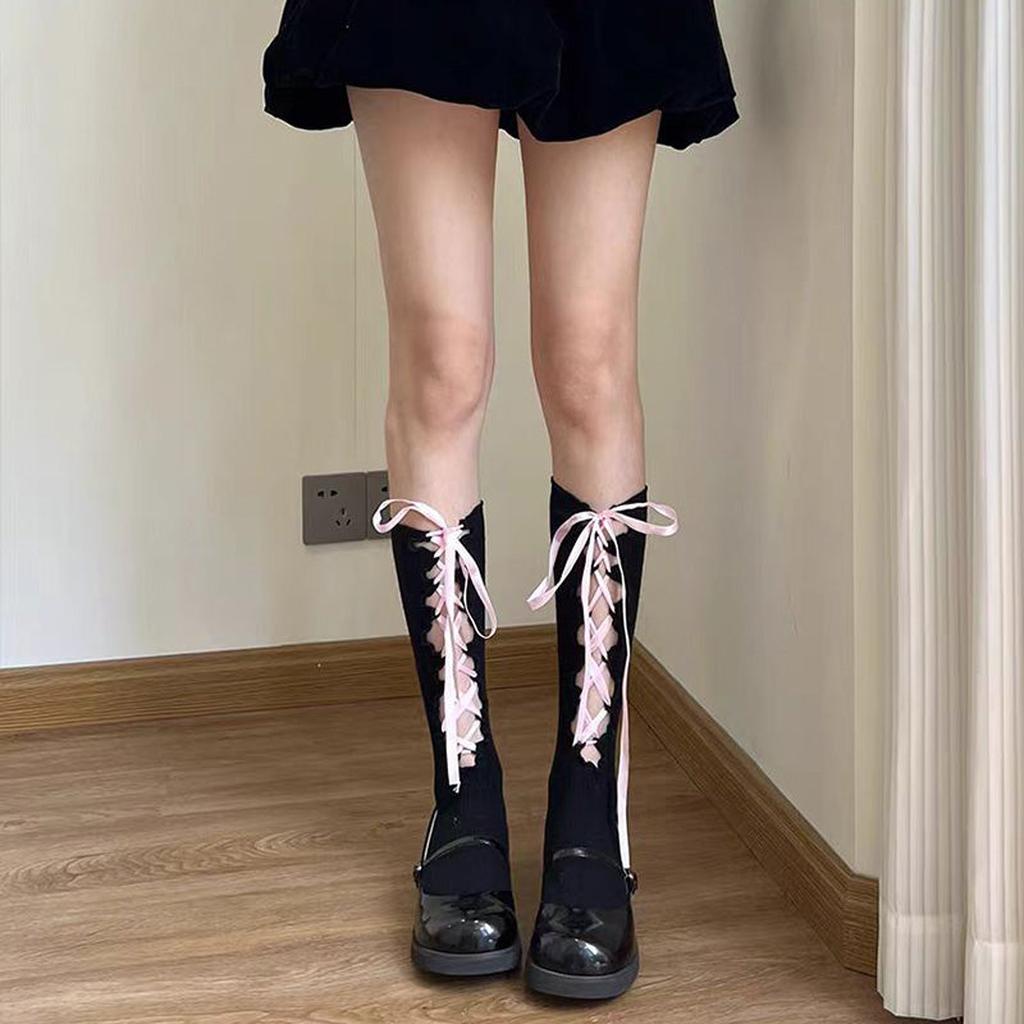 Pink Lace-up Calf Socks