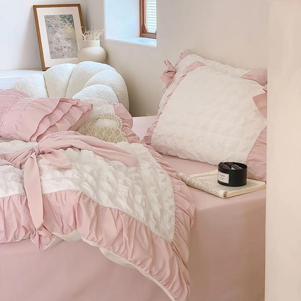 Pink Ruched Bow Waffle Texture Bedding Set