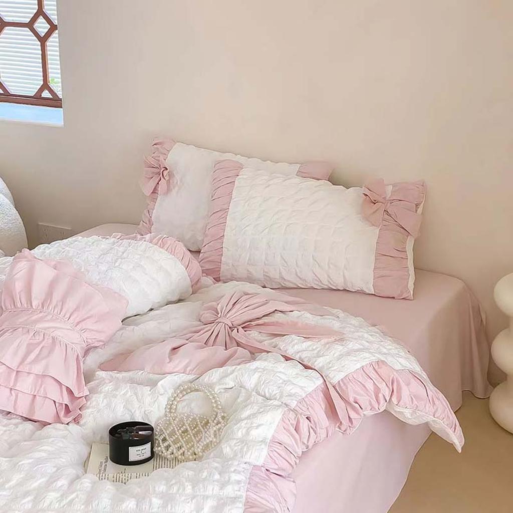 Pink Ruched Bow Waffle Texture Bedding Set