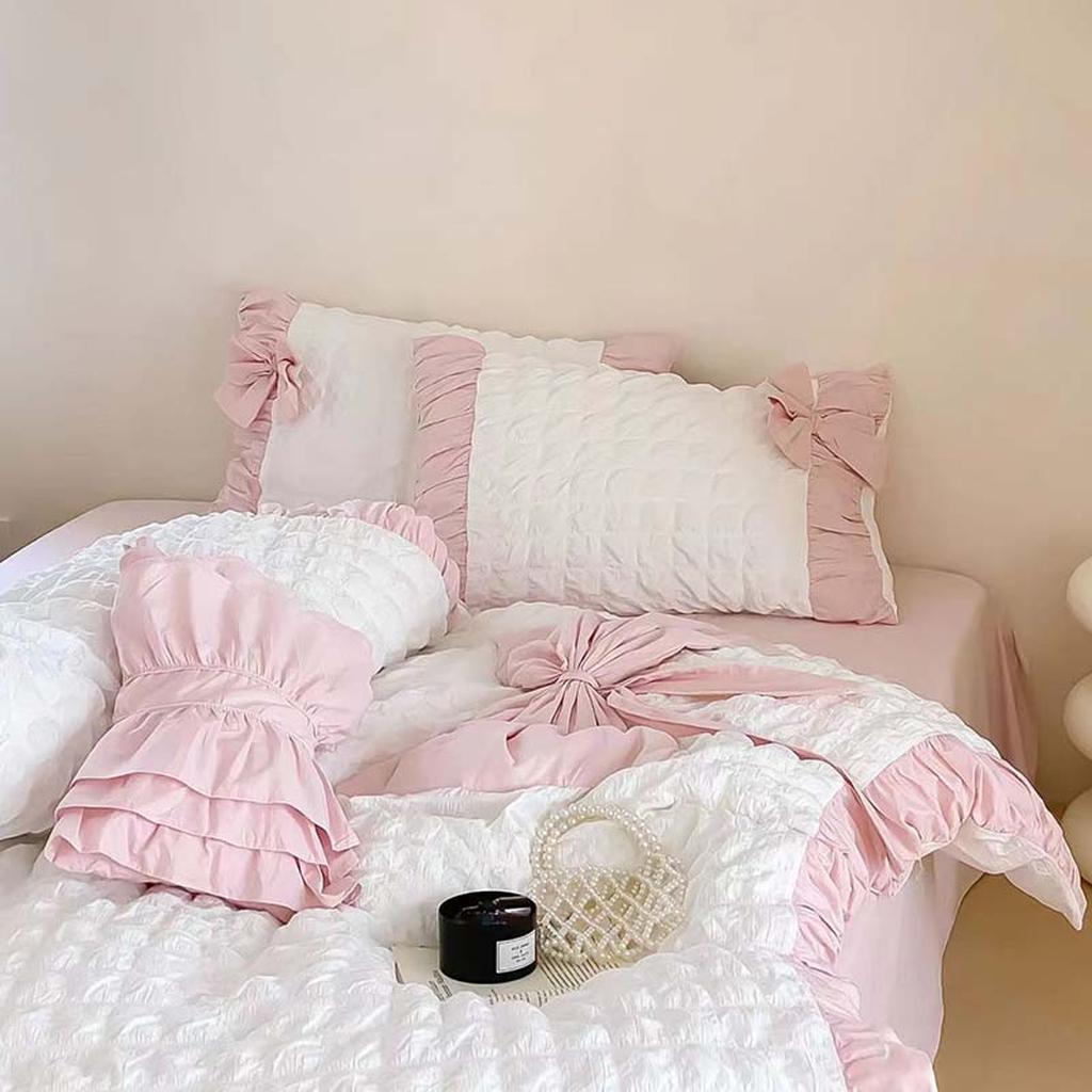 Pink Ruched Bow Waffle Texture Bedding Set
