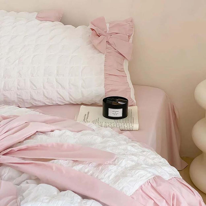 Pink Ruched Bow Waffle Texture Bedding Set