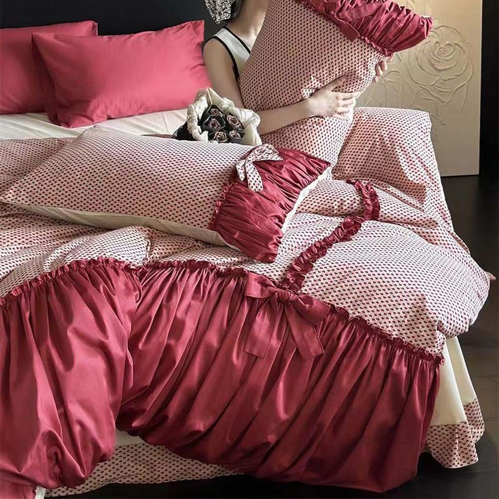 Red Heart Ruched Bow Bedding Set