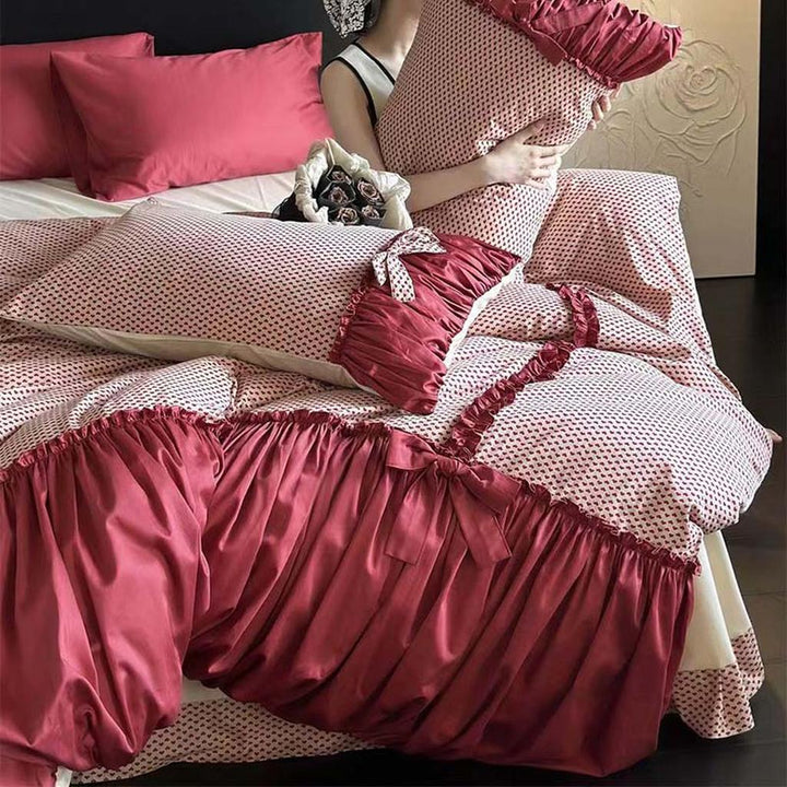 Red Heart Ruched Bow Bedding Set