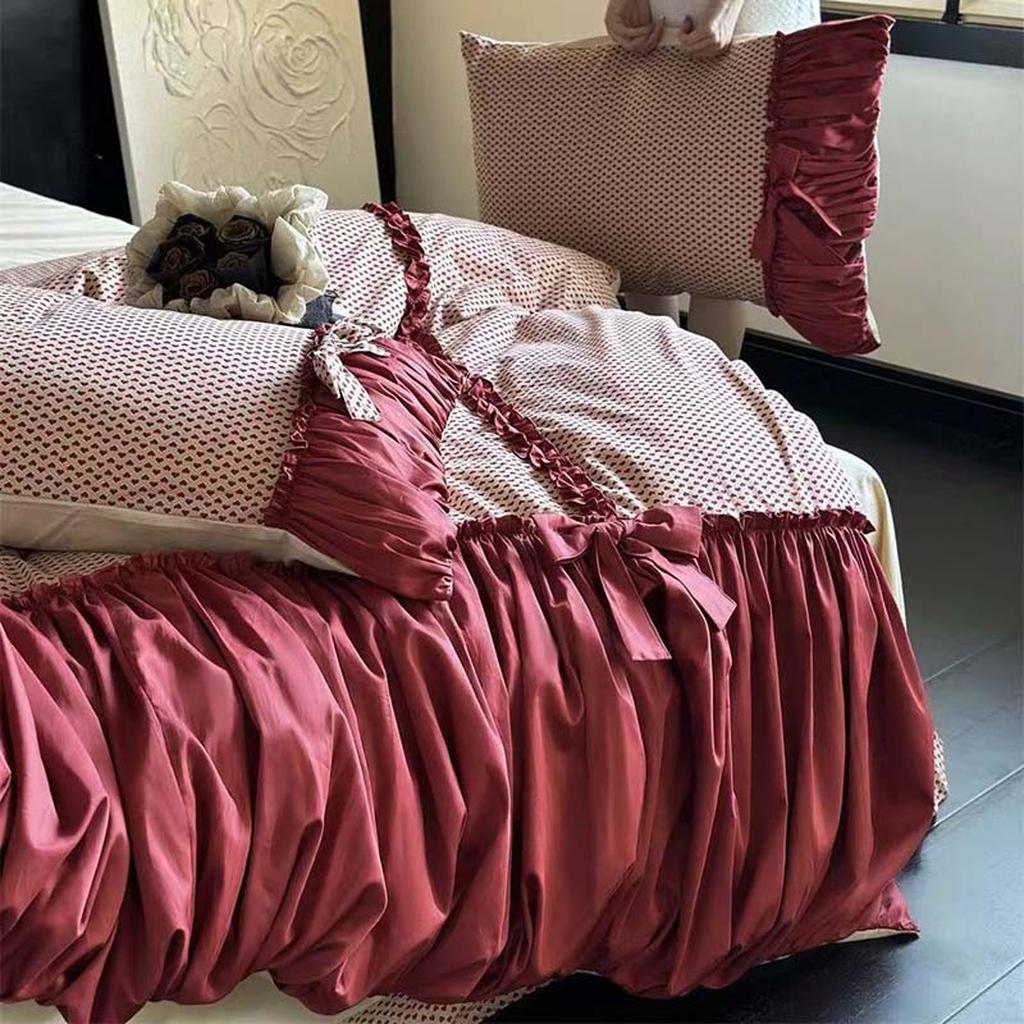 Red Heart Ruched Bow Bedding Set