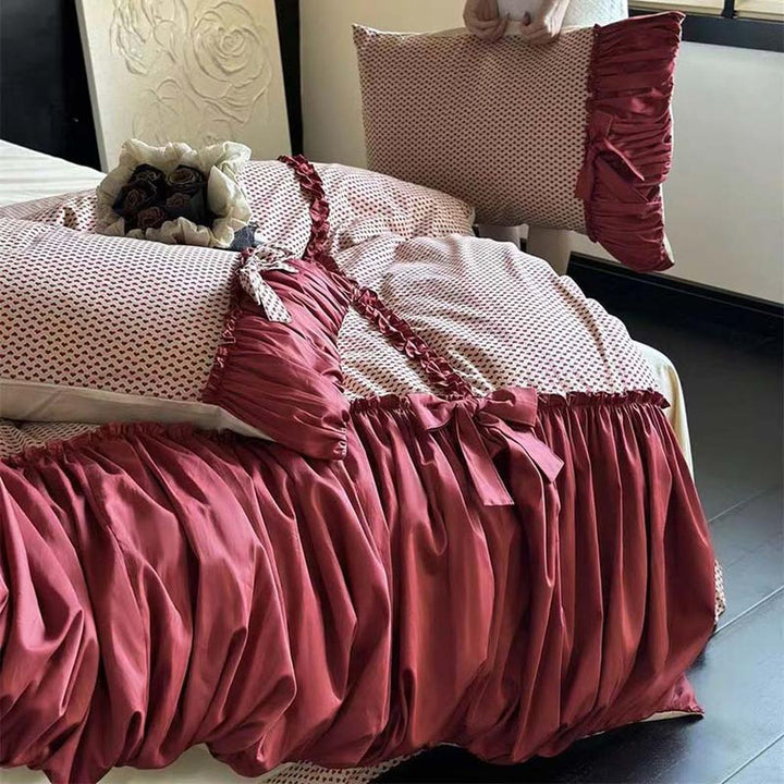 Red Heart Ruched Bow Bedding Set