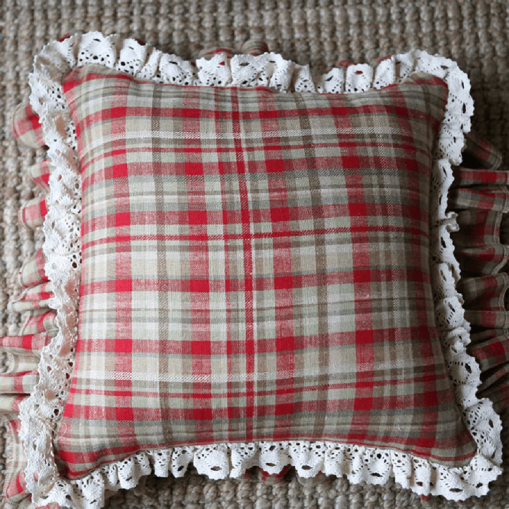 Red Plaid Throw Pillow with Ruffle