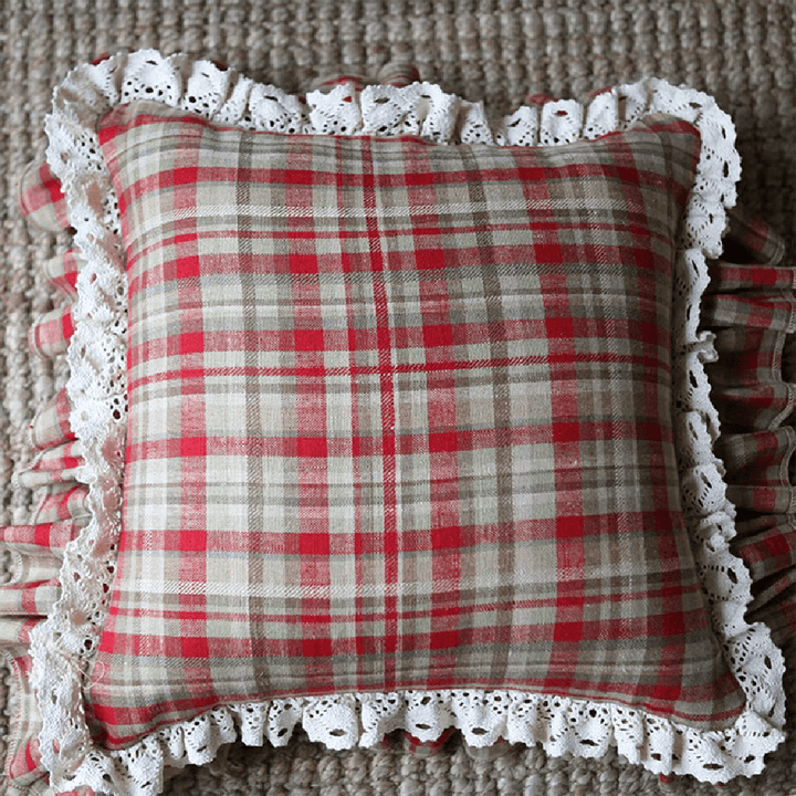 Red Plaid Throw Pillow with Ruffle