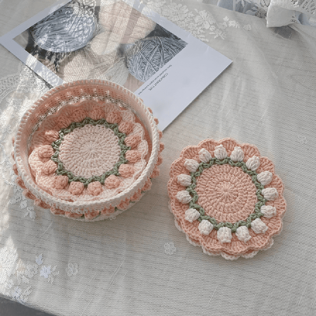 Rose Collection - Handmade Crochet Storage Basket - Coral Pink