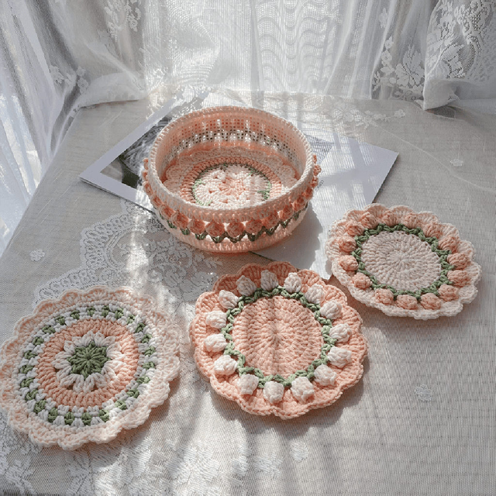 Rose Collection - Handmade Crochet Storage Basket - Coral Pink