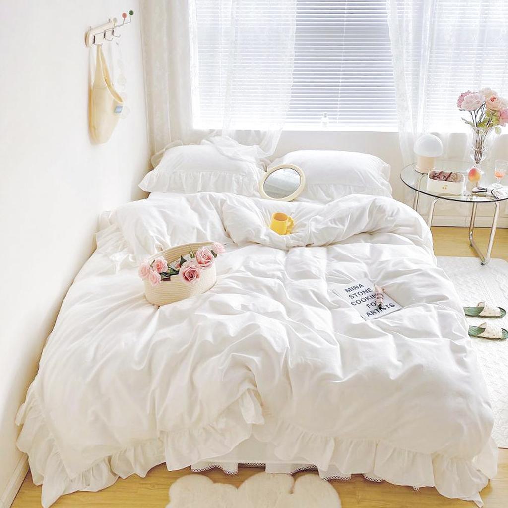 White Fringe Ruffle Duvet Cover Set