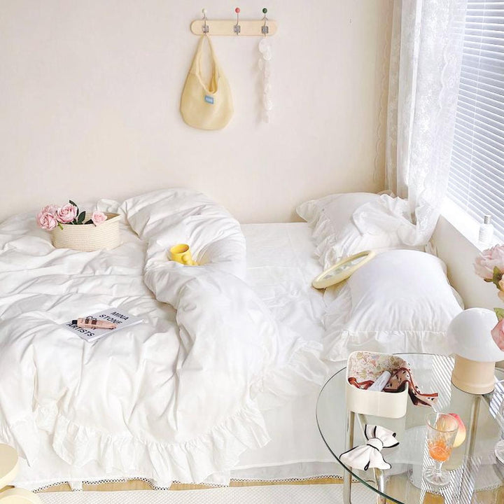 White Fringe Ruffle Duvet Cover Set