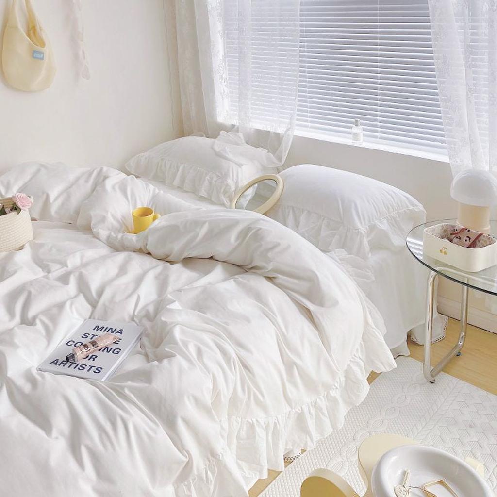 White Fringe Ruffle Duvet Cover Set