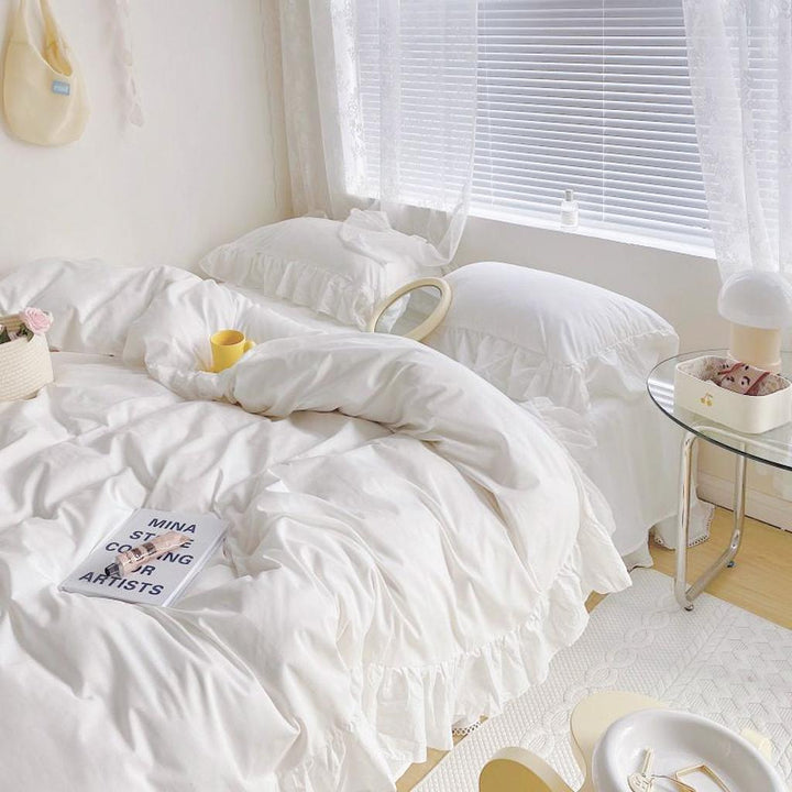 White Fringe Ruffle Duvet Cover Set