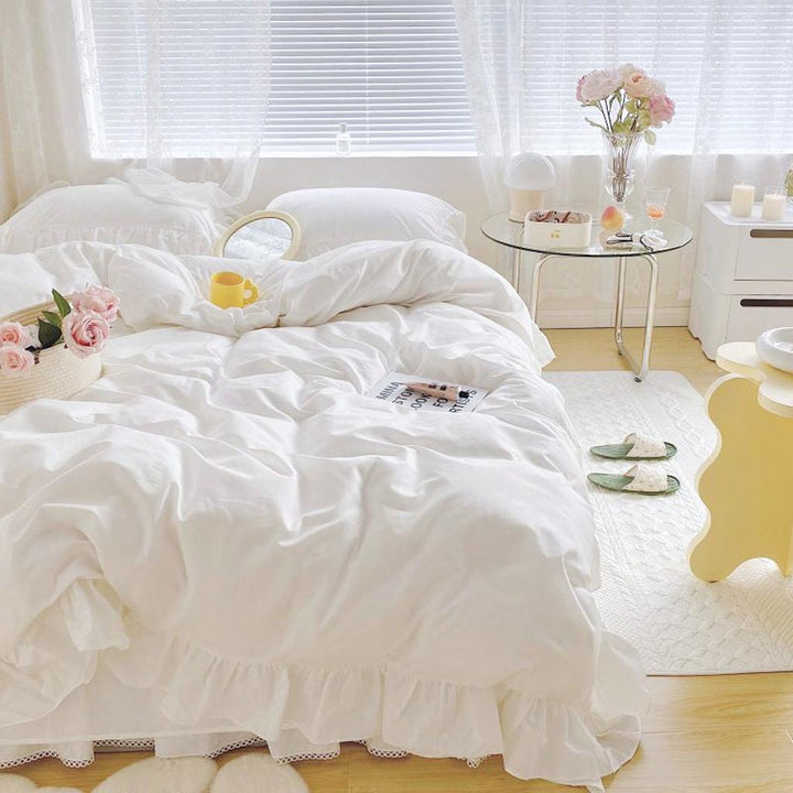 White Fringe Ruffle Duvet Cover Set